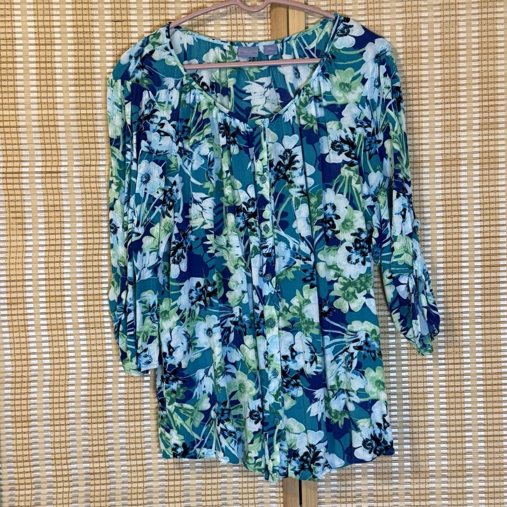 Laura Scott Womens 1X Top Button Up Multicolor Floral Cottagecore Fairycore Gauz